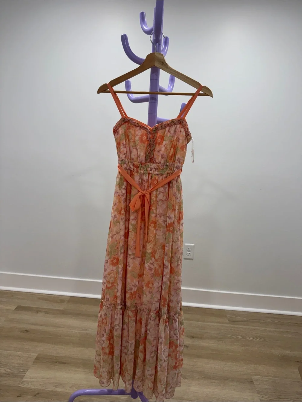 Floral Orange Pink Maxi Dress with Tie Waist